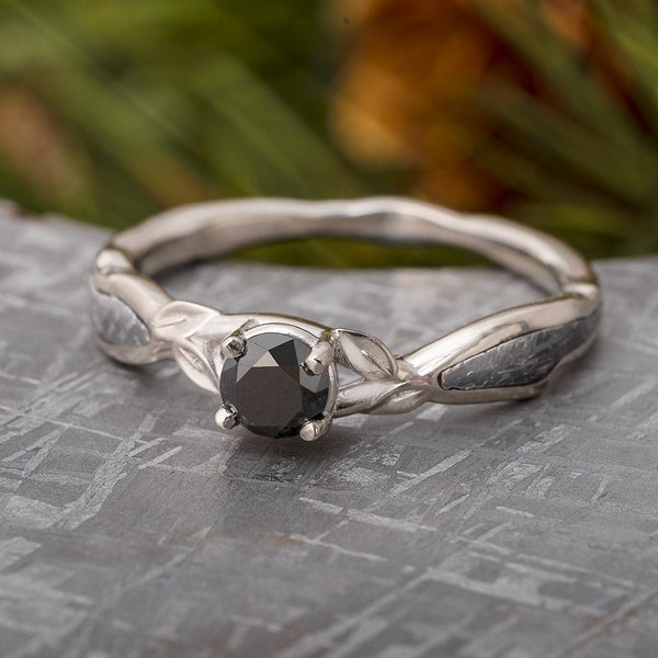 Solitaire Black Diamond Engagement Ring with Meteorite Branches