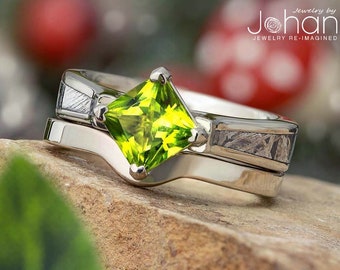 Unique Meteorite Engagement Ring in White Gold With Simple, Coordinating Shadow Band, Custom Princess Cut Peridot Bridal Set