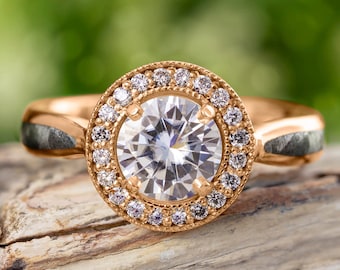 Rose Gold Halo Engagement Ring With Meteorite