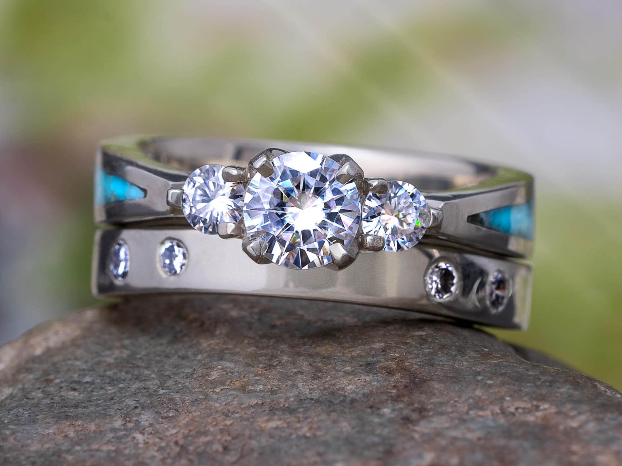 Turquoise Bridal Set With White Gold Three Stone Engagement | Etsy Turquoise Bridal Set With White Gold Three Stone Engagement | Etsy