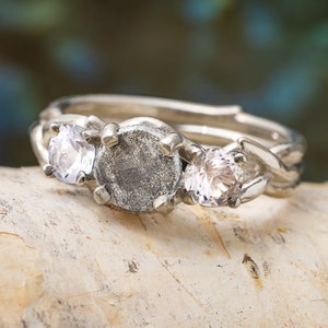 Meteorite & Sapphire Engagement Ring with Branch Style Band, Nature Inspired Silver Engagement Ring image 2