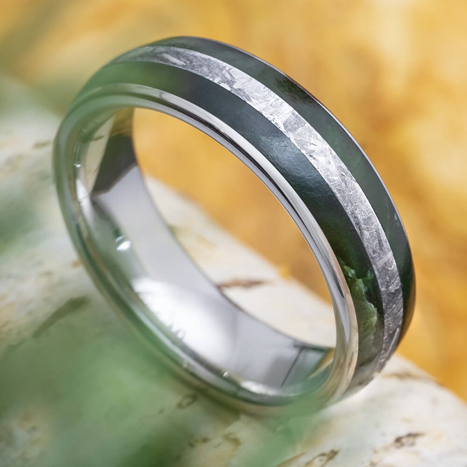 Green Jade and Meteorite Wedding Band for Men - Etsy