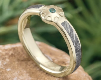 Mechanical Engagement Ring with Meteorite and Emerald