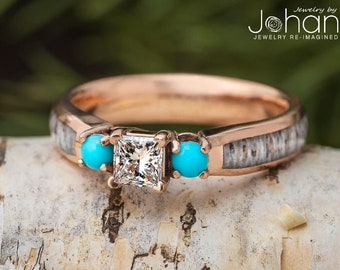 Antler Engagement Ring With Princess Cut Stone & Turquoise Cabochon Accent Stones, Hunter Wedding