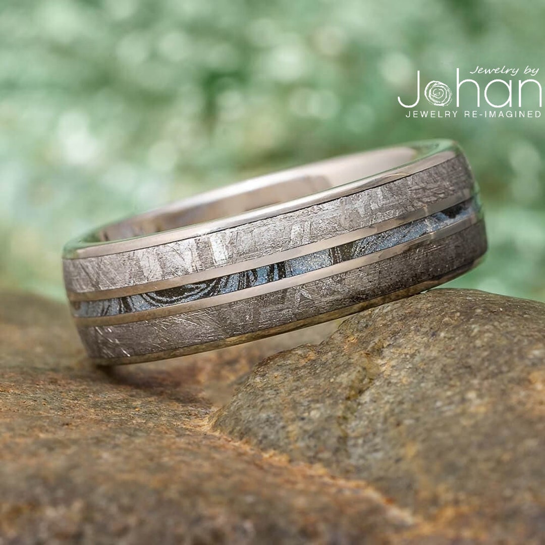 Meteorite & Blue Mokume Gane Wedding Band for Groom Blue and - Etsy