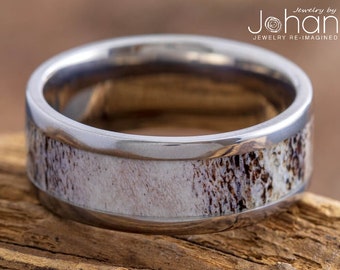 Deer Antler Titanium Wedding Band, 8mm Flat Profile With Polished Finish, In Stock