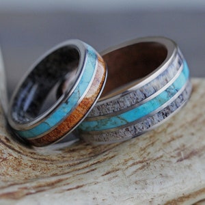 Turquoise, Antler & Wood Ring Set, Coordinating Rings for Nature Lovers, His and Hers, Hers and Hers, His and His image 4