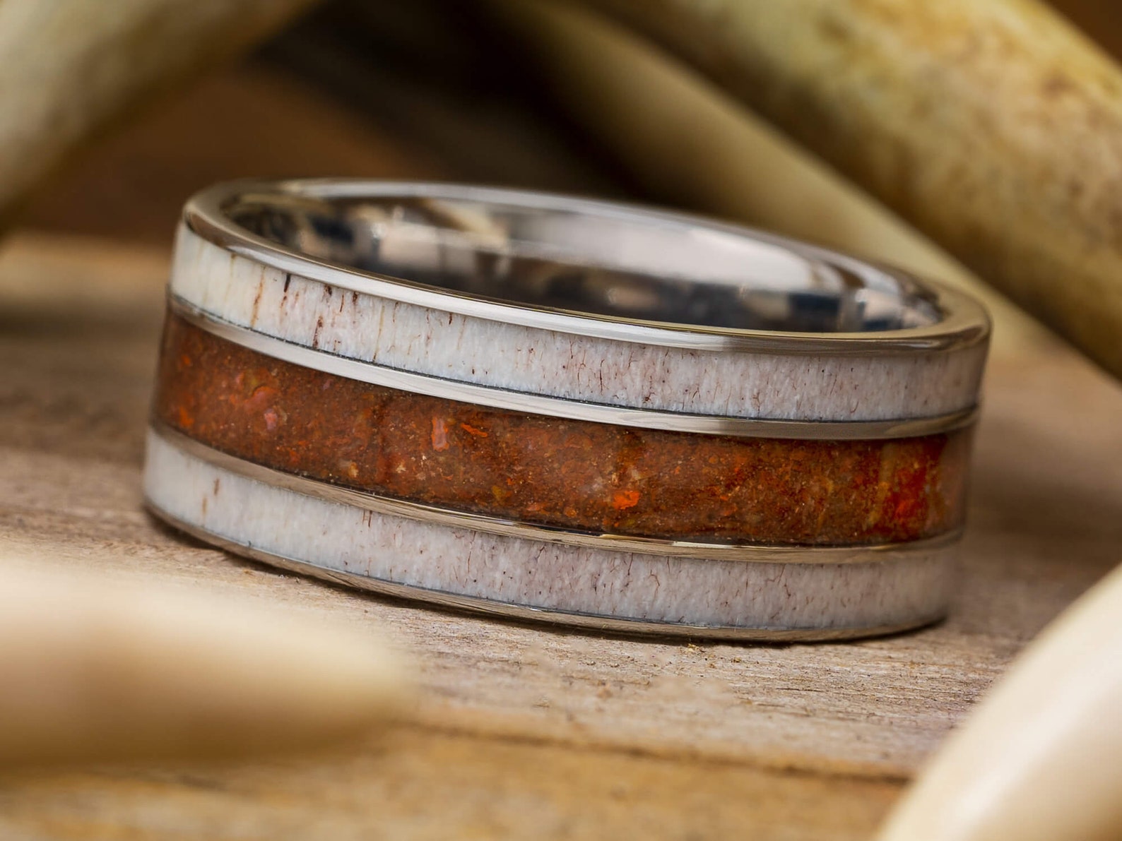 Antler Men's Wedding Band With Dinosaur Bone Center Inlay - Etsy