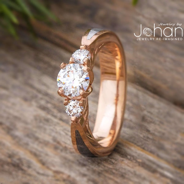 Three Stone Moissanite Engagement Ring, Rose Gold Meteorite Inlay