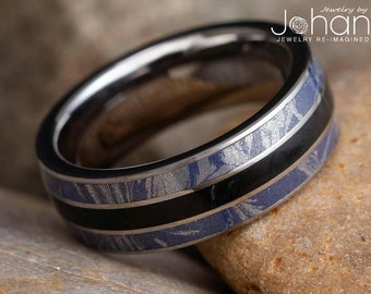 Black Jade Men's Wedding Band with Mokume Gane, Black and Blue Ring for Groom