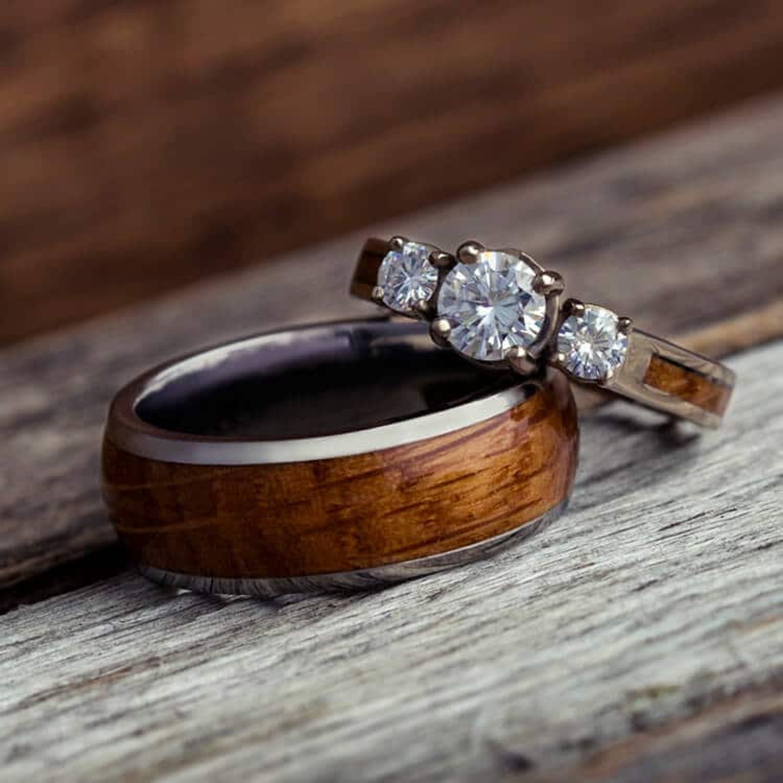 Whiskey Barrel Wood Wedding Ring Set, Moissanite Three Stone Engagement Whiskey Barrel Wood Wedding Ring Set, Moissanite Three Stone Engagement