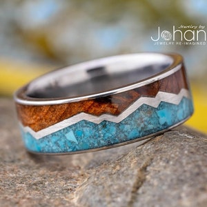 Wood & Turquoise Mountain Ring, Woodland Ring for Man, Nature Wedding Ring, Customize With Other Wood Options