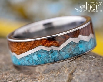 Wood & Turquoise Mountain Ring, Woodland Ring for Man, Nature Wedding Ring, Customize With Other Wood Options