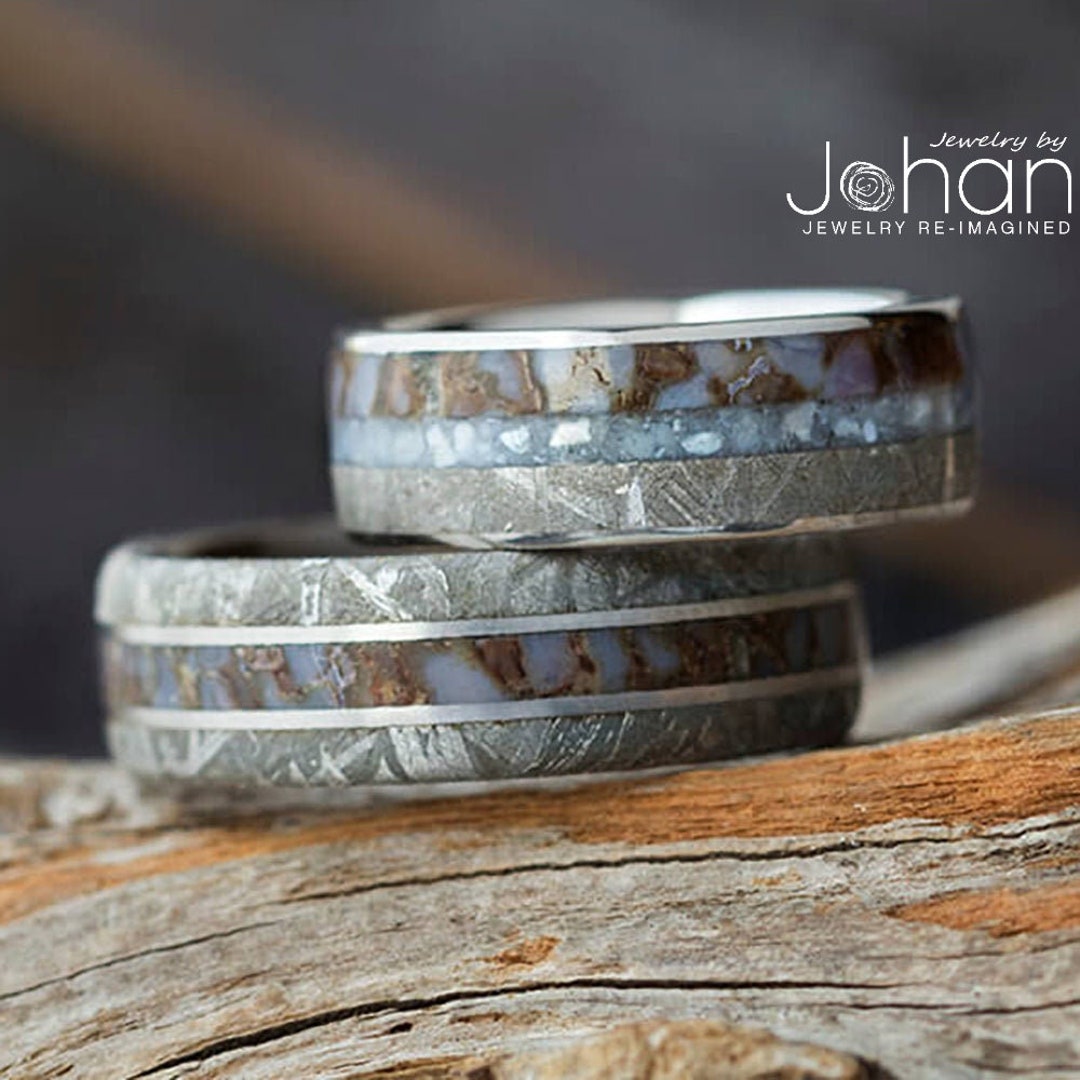 Meteorite & Dinosaur Bone Wedding Band Set, His and His, Hers and Hers ...