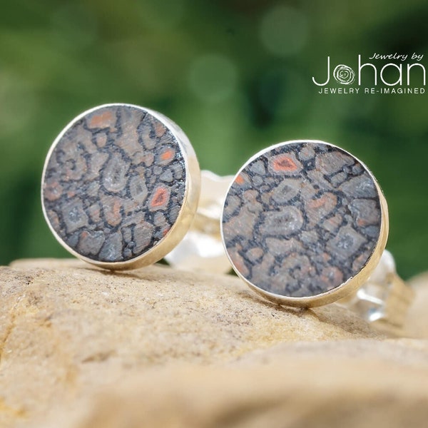 Dinosaur Bone Stud Earrings (In Stock), Unique Gift, Fossil Jewelry, Tiny Round Earrings With Gembone Inlay