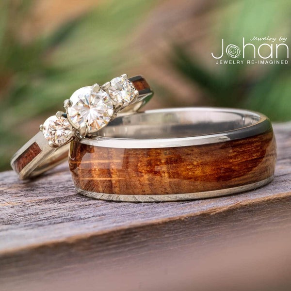 Whiskey Barrel Wood Wedding Ring Set, Three Stone Engagement Ring With Wood Inlay & Matching Men's Wood Wedding Band