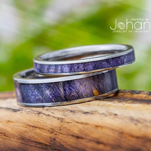 Purple Wedding Rings, Matching Wedding Band Set with Purple Box Elder Burl Wood Inlays, Custom Wood Rings, 100+ Wood Options