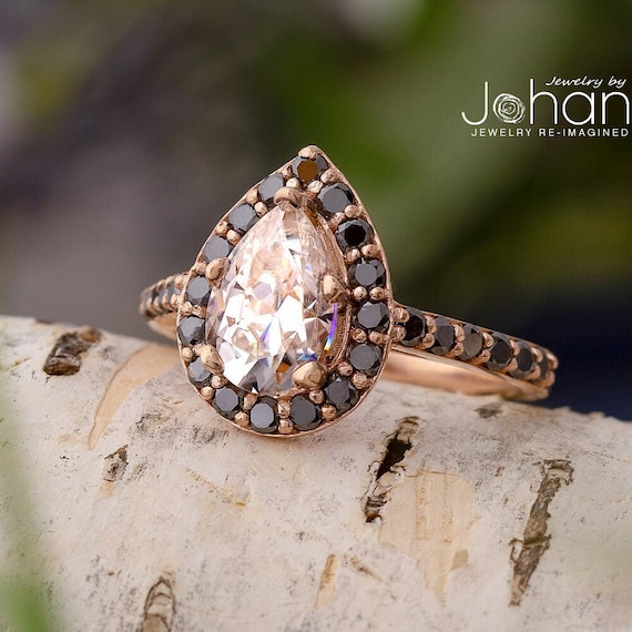 Pear Moissanite Halo Engagement Ring, Black Diamonds, 14k Rose Gold