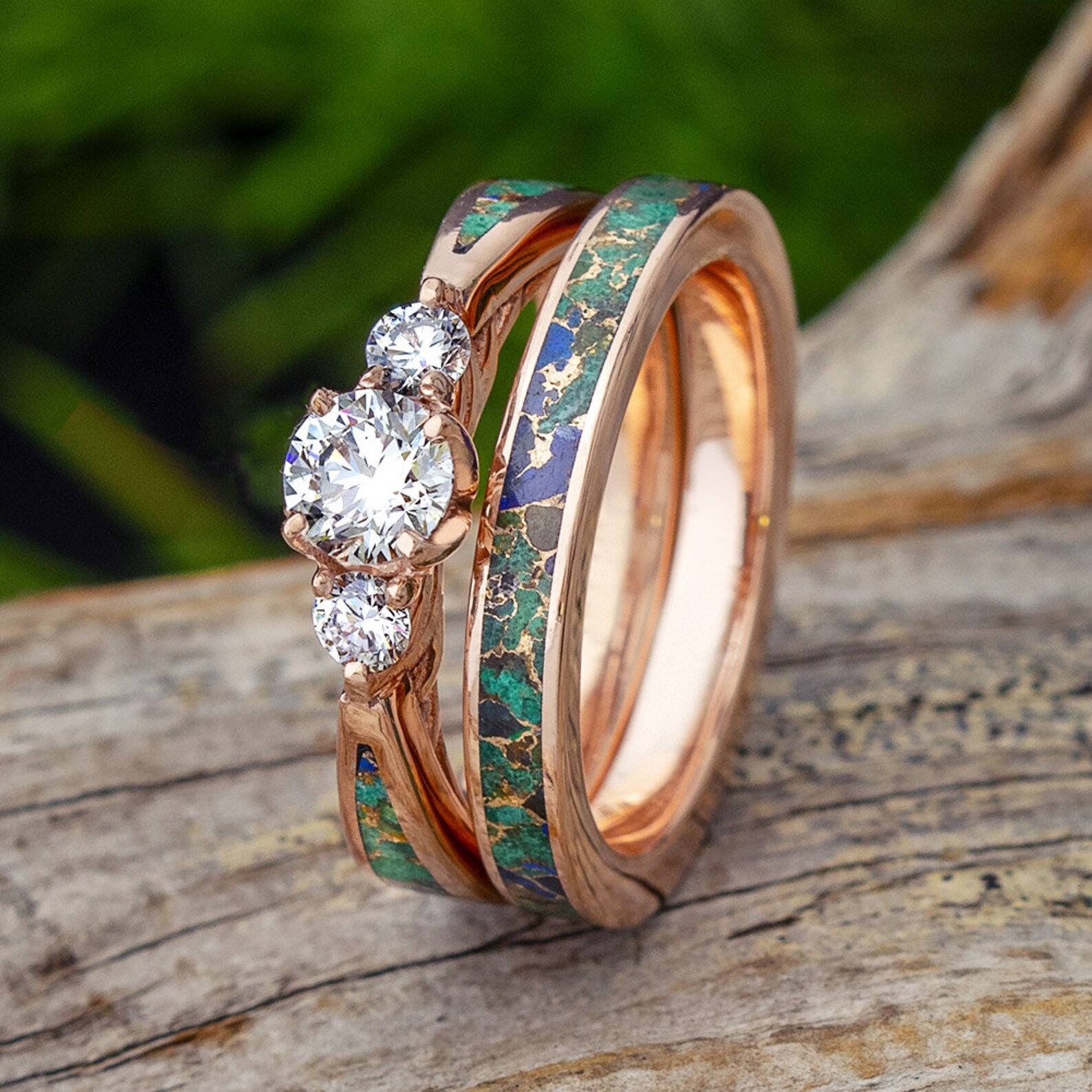Turquoise Bridal Set With Three Stone Diamond Engagement Ring - Etsy Turquoise Bridal Set With Three Stone Diamond Engagement Ring - Etsy