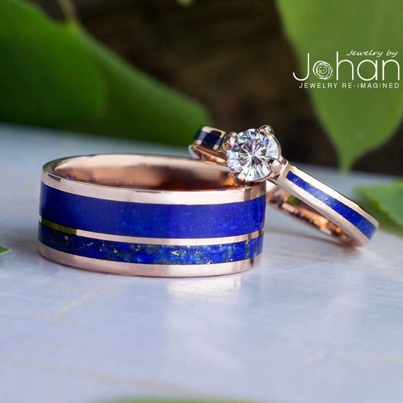 Blue Wedding Ring Set, Lapis Lazuli Rings, Solitaire Engagement ...
