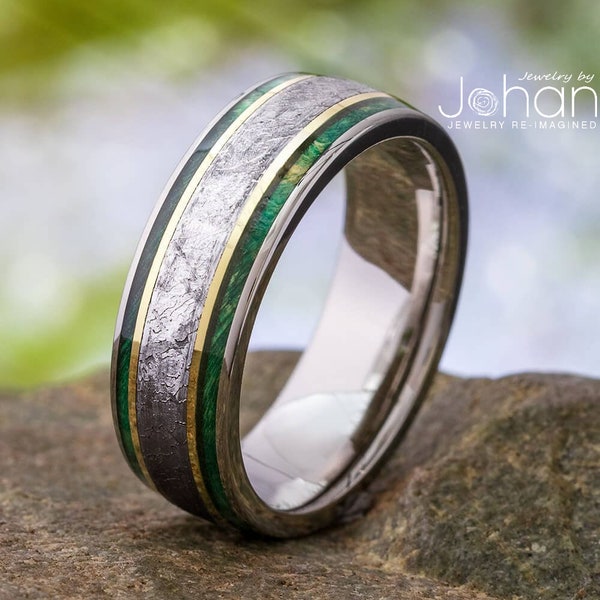 Meteorite Wedding Band With 14k Gold Stripes, Wood Inlay Ring, Titanium Ring With Green Box Elder Burl