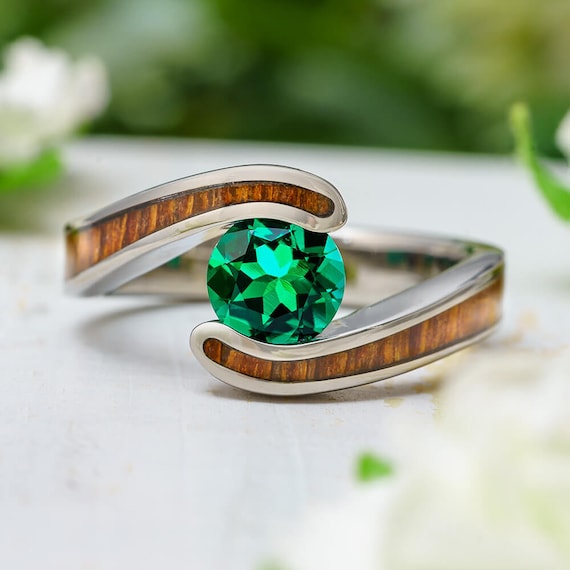 Emerald Engagement Ring With Wood Inlay Etsy