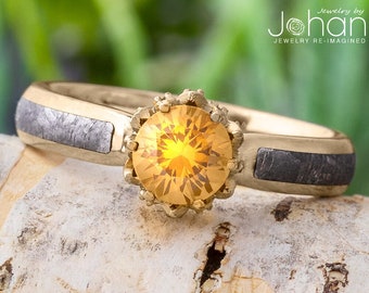 Lotus Flower Ring with Yellow Sapphire and Meteorite in Polished Gold