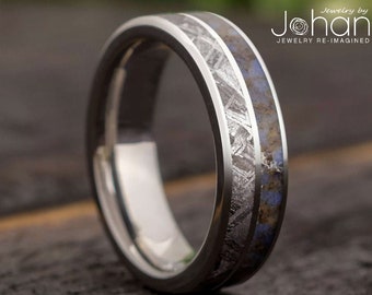 Meteorite & Dinosaur Bone Men's Wedding Band With Center Pinstripe, In Stock