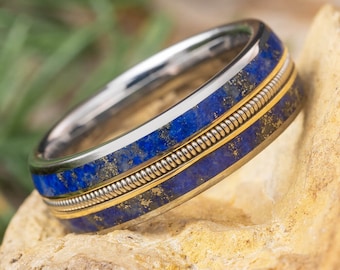 Lapis Lazuli and Guitar String Wedding Band for Musicians