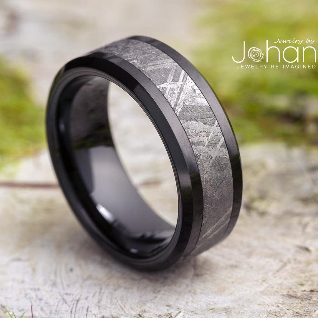 Unique Black Wedding Band for Man With Authentic Gibeon Meteorite ...