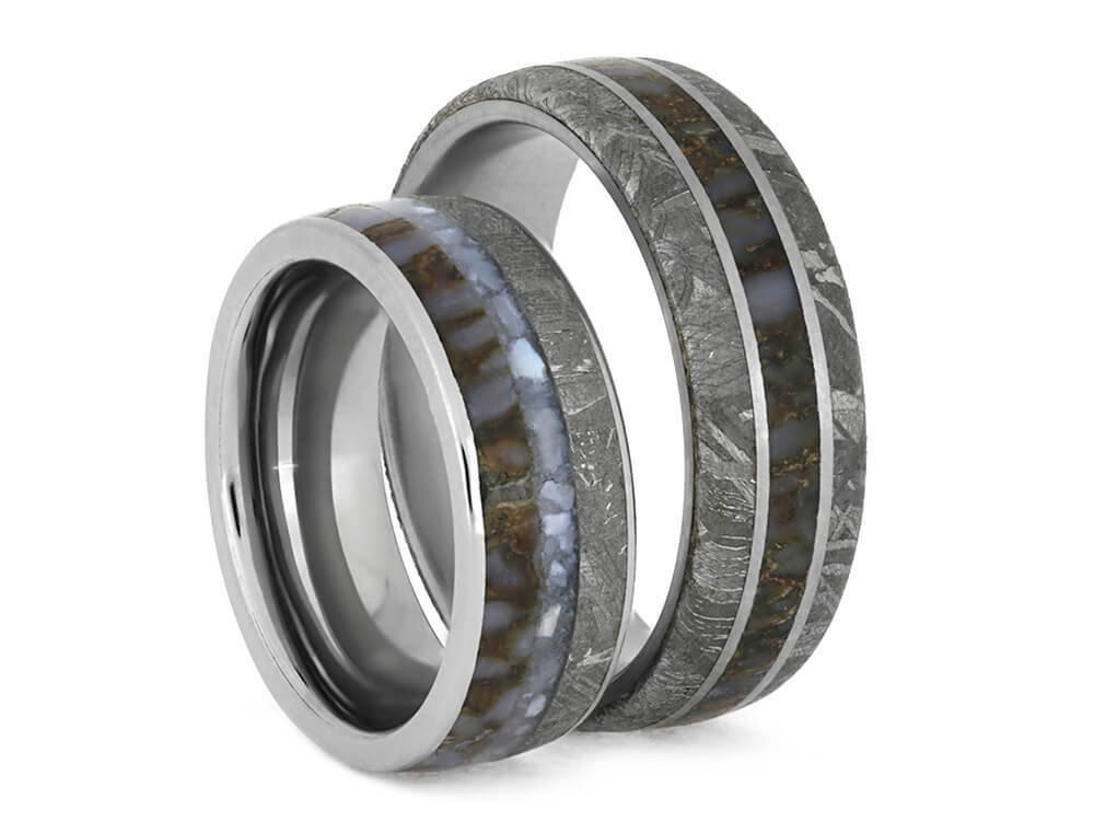 Meteorite & Dinosaur Bone Wedding Band Set His and His Hers - Etsy