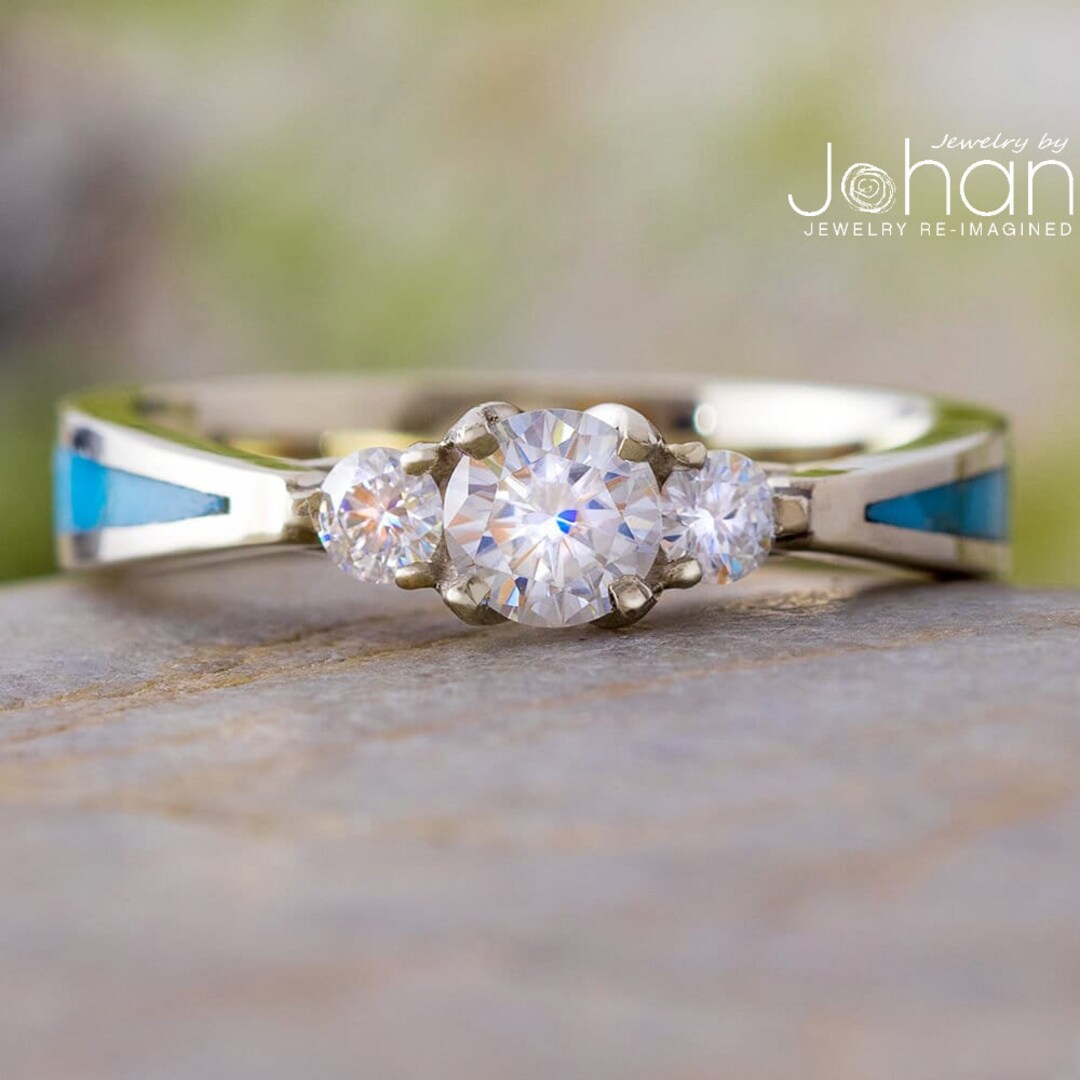 Three Stone Moissanite Engagement Ring, Kingman Turquoise Inlay, White ...