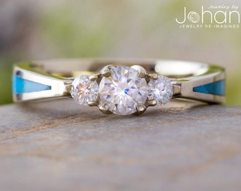 Three Stone Moissanite Engagement Ring With Kingman Turquoise Inlay, Blue Engagement Ring