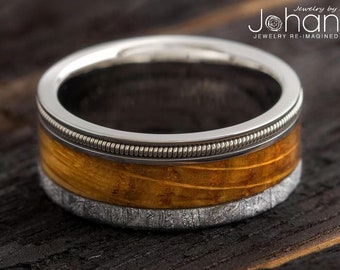 Whiskey Barrel Oak & Meteorite Men's Ring, Bass Guitar String Inlay