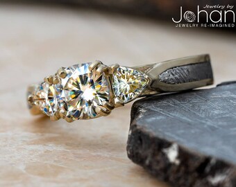 Moissanite Engagement Ring with Meteorite and Side Set Diamonds
