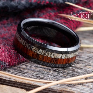 Men&#39;s Black Wedding Band with Deer Antler and Ironwood, Wood & Antler Ring for Groom