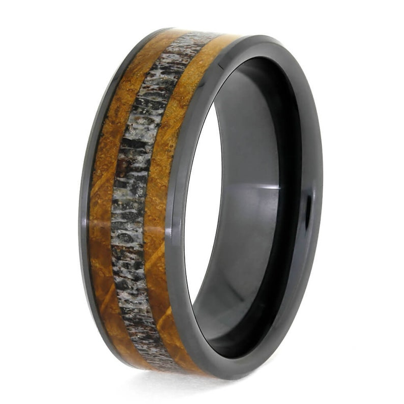 Deer Antler Wedding Band With Whiskey Barrel Oak In Black Ceramic-3764 - Jewelry by Johan