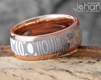 Rose Gold & Damascus Steel Men's Wedding Band, Mixed Metal Ring for Man