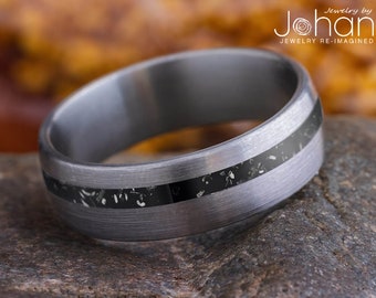 Genuine Meteorite Men's Wedding Band in Brushed Titanium, Masculine Meteorite Ring
