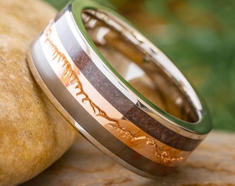 Fossilized Wood and Bone Wedding Band with Gold Mountain Design