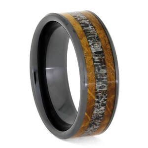 Unique Black Wedding Band for Men with Antler and Whiskey Barrel Oak Inlays image 2