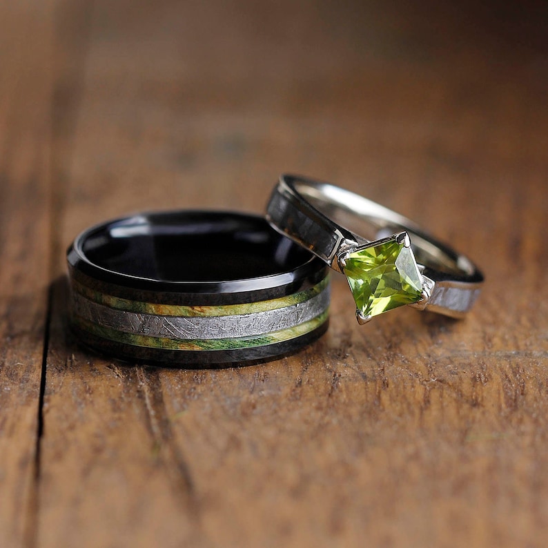 Green Wedding Rings Set Peridot Engagement Ring & Black Etsy