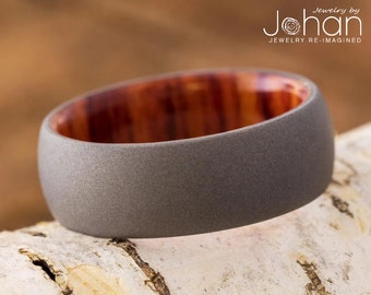 Wood Wedding Ring, Tulipwood Wedding Band with Sandblasted Titanium Finish