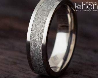 Authentic Meteorite Wedding Band, 6mm Ring for Man or Woman with Gibeon Meteorite Inlay, Titanium, Solid Gold or Platinum