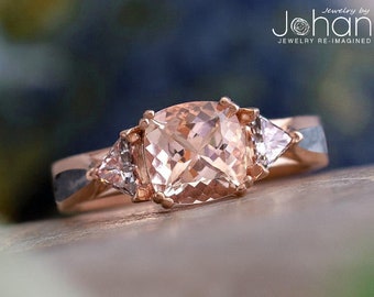 Cushion Cut Morganite Engagement Ring With Diamonds & Meteorite