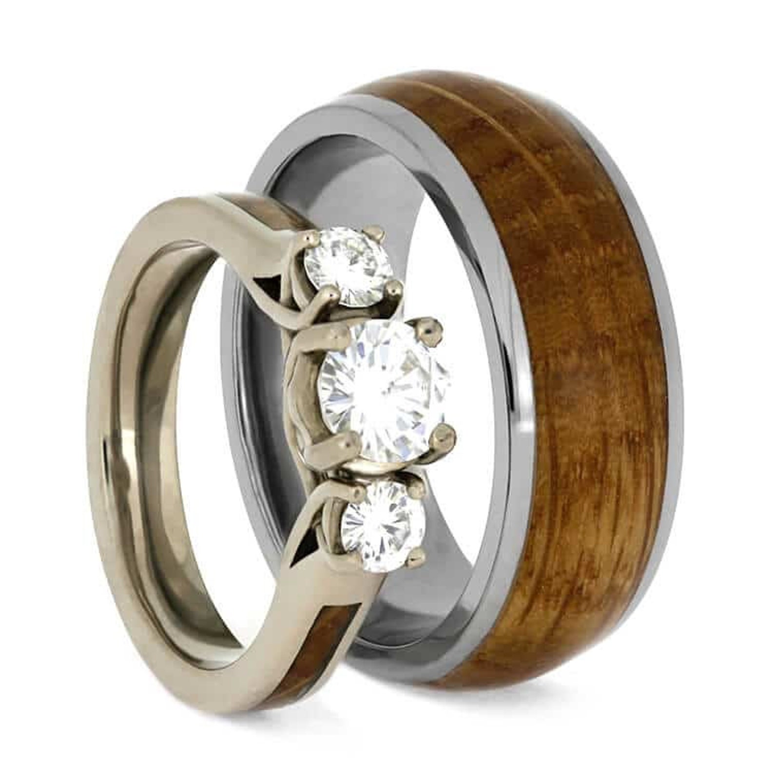 Whiskey Barrel Wood Wedding Ring Set, Moissanite Three Stone Engagement Whiskey Barrel Wood Wedding Ring Set, Moissanite Three Stone Engagement