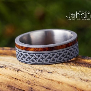 Celtic Knot Engraved Ring with Olive Wood Inlay, 100+ Wood Options, Irish Wedding Ring