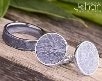 Meteorite Wedding Band and Cufflinks Jewelry Set