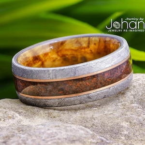 Meteorite Ring with Black Ash Burl Sleeve and Dinosaur Bone