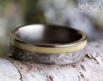 Anillo de madera de álamo temblón con meteorito, alianza de boda de titanio para hombre